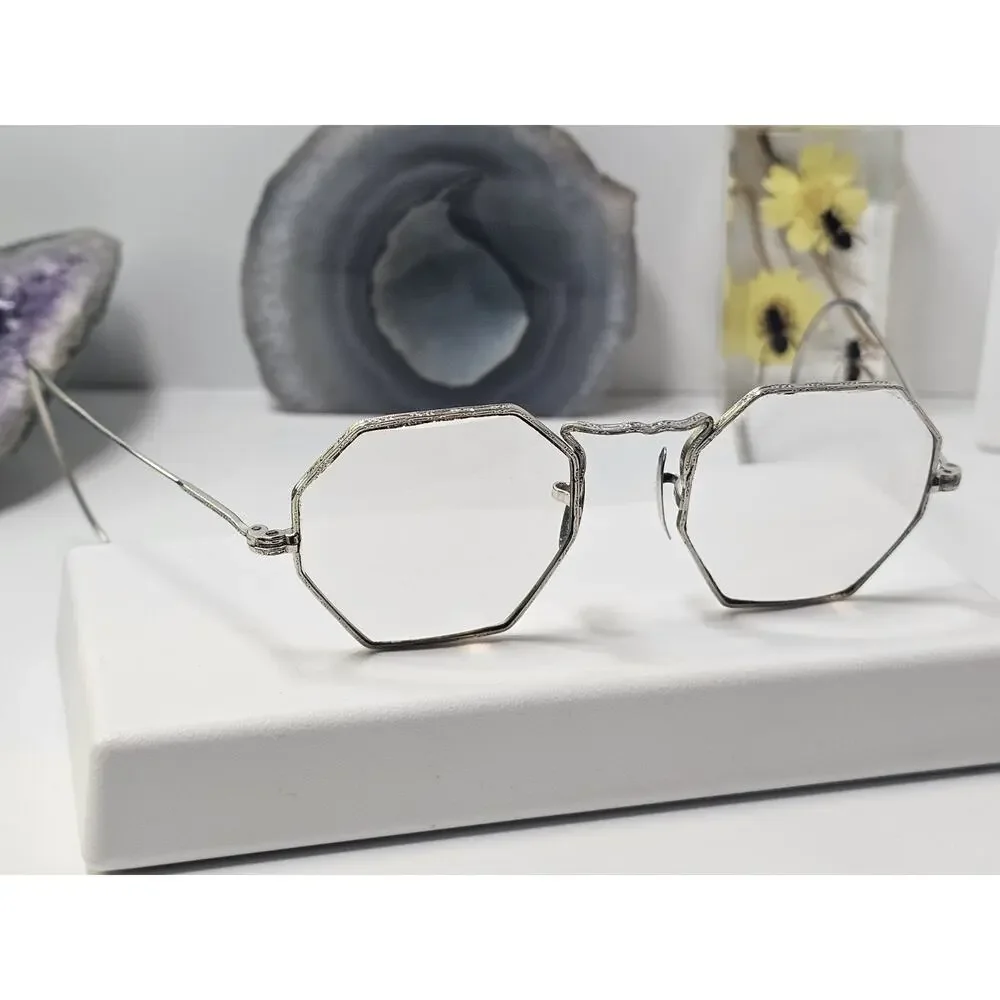 Art Deco Cortland White Gold Filled Octagon Framed Glasses - 10K White Gold Pads